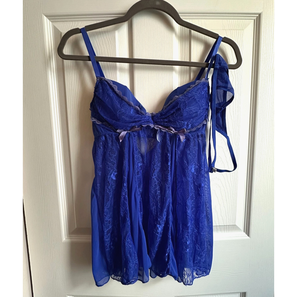 VTG Fredericks of Hollywood Womens Med Blue Lace Babydoll Nightie + G String